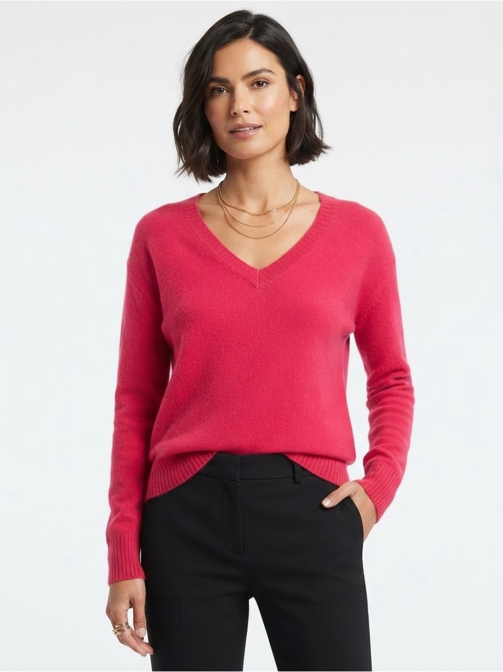 Anthropologie Hot Pink Cashmere Sweater Quiet Luxury V-Neck Bold Lightweight